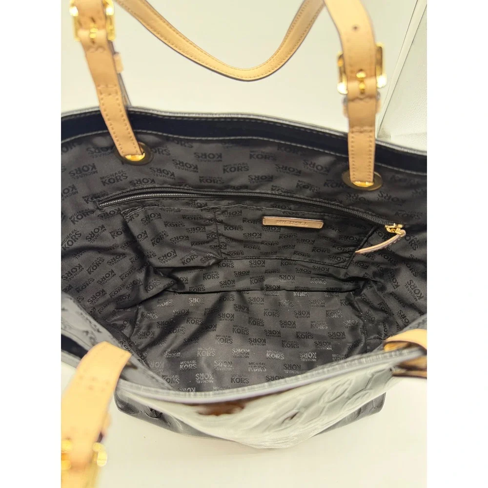 Michael Kors Black Patent Leather Monogram Tote Bag Gold‎ Hardware